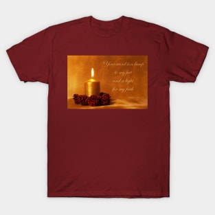 Bible quote with Christmas candle in golden light with pine cones T-Shirt